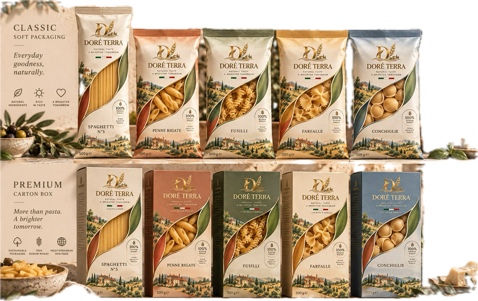 Doré Terra Klasik poşet ambalajlar: Spaghetti, Penne Rigate, Fusilli, Farfalle ve Conchiglie